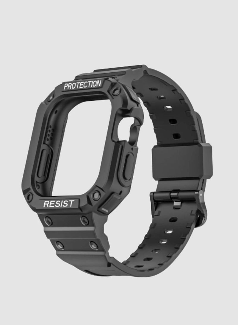 Techie Stylish Silicone Rugged Armor Watch Band Strap Case for Apple Watch 42mm 44mm 45mm 49mm Compatible with Ultra 1,2 Series 9,8,7,6,5,SE,3,2,1 – Black - Image 1