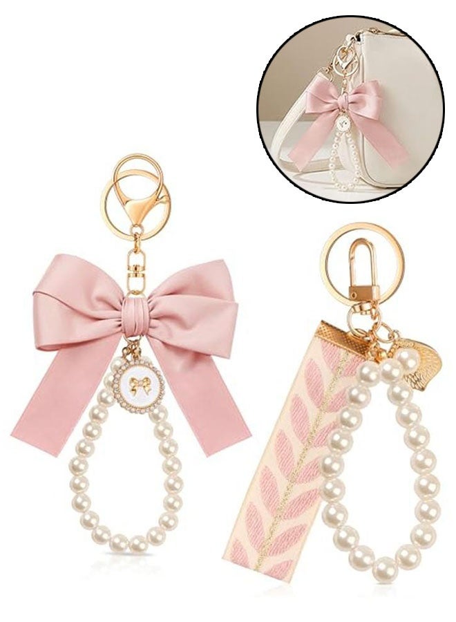 2pcs الوردي قوس سلاسل المفاتيح للمرأة, الوردي الساتين معصم قلادة المفاتيح, مفاتيح السيارة قلادة اللؤلؤ, قوس سلاسل المفاتيح لحفظة, حقيبة اليد, حقيبة الظهر, هدية مثالية للبنات, الوردي - Image 1