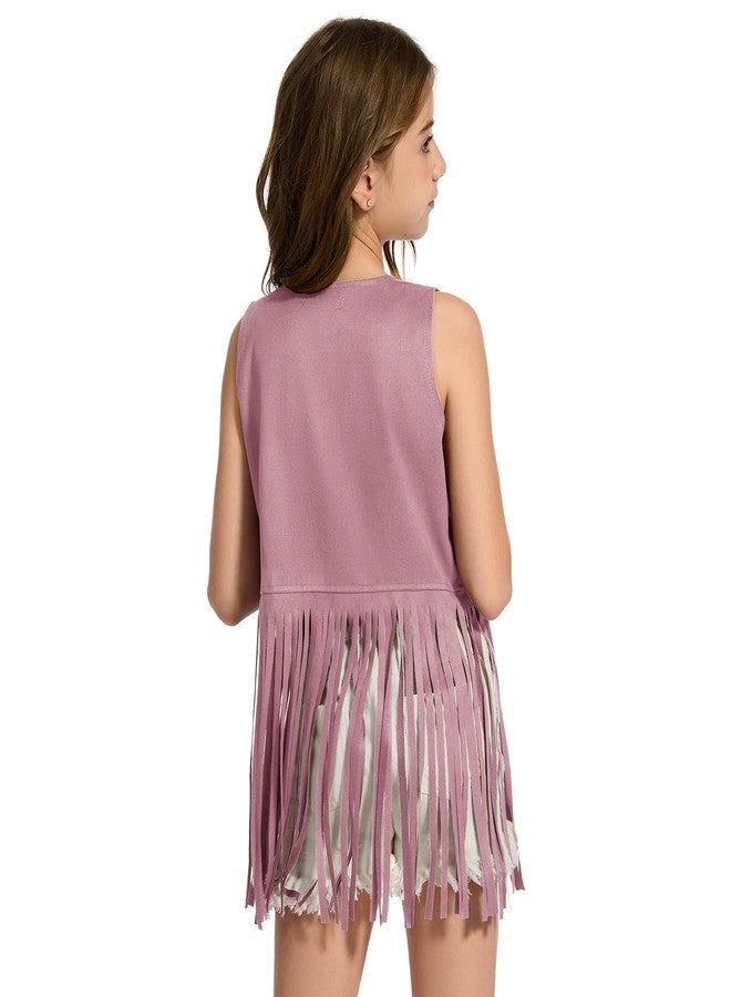 ATAMET Girls Kids Fringe Vest Sleeveless Western Cowgirl Vest 60s 70s Hippie Faux Suede Tassels Jacket for Halloween (Light Pink, X-Large(9-10Years)) - Image 2