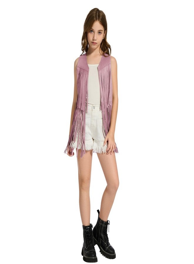 ATAMET Girls Kids Fringe Vest Sleeveless Western Cowgirl Vest 60s 70s Hippie Faux Suede Tassels Jacket for Halloween (Light Pink, X-Large(9-10Years)) - Image 3
