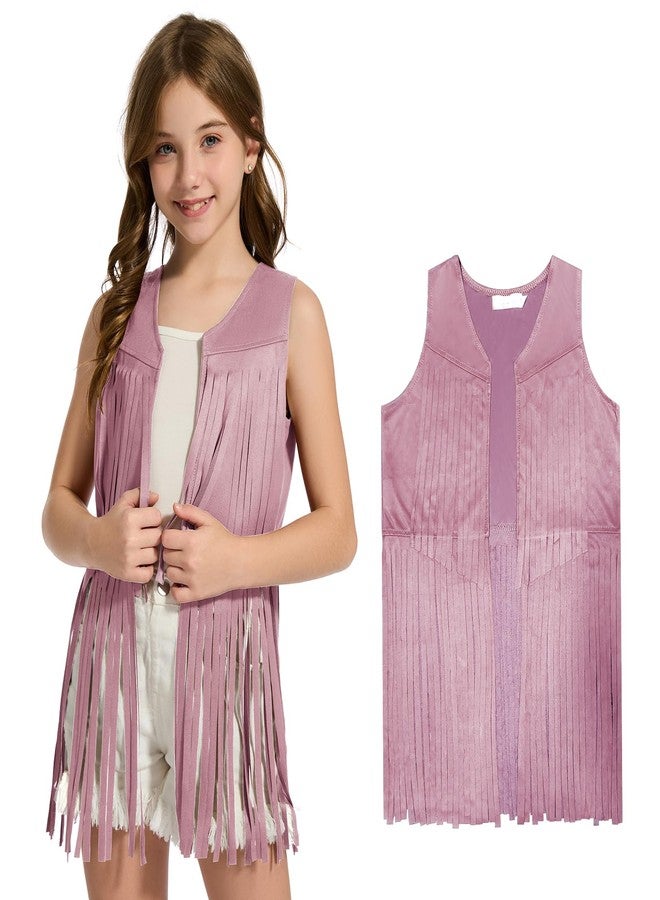 ATAMET Girls Kids Fringe Vest Sleeveless Western Cowgirl Vest 60s 70s Hippie Faux Suede Tassels Jacket for Halloween (Light Pink, X-Large(9-10Years)) - Image 1