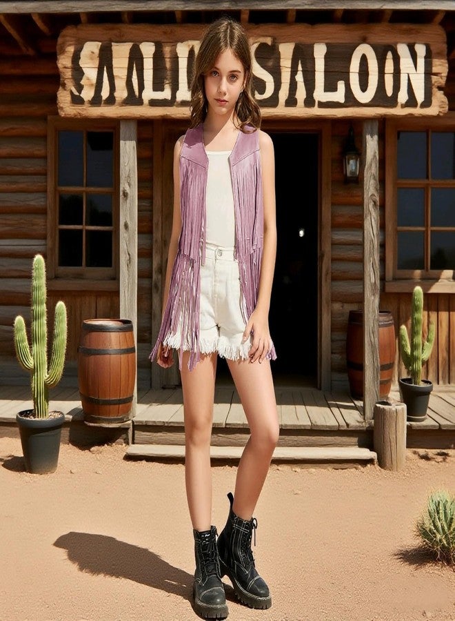ATAMET Girls Kids Fringe Vest Sleeveless Western Cowgirl Vest 60s 70s Hippie Faux Suede Tassels Jacket for Halloween (Light Pink, X-Large(9-10Years)) - Image 4