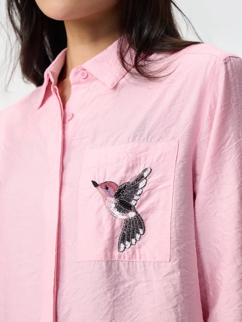 The Souled Store  The Souled Store Natureverse: Textured Women and Girls Full Sleeves Spread Collar Light Pink Embroidered Viscose Nylon Oversized Fit Lightweight Winter-Ready Shirt  | Best Price UAE