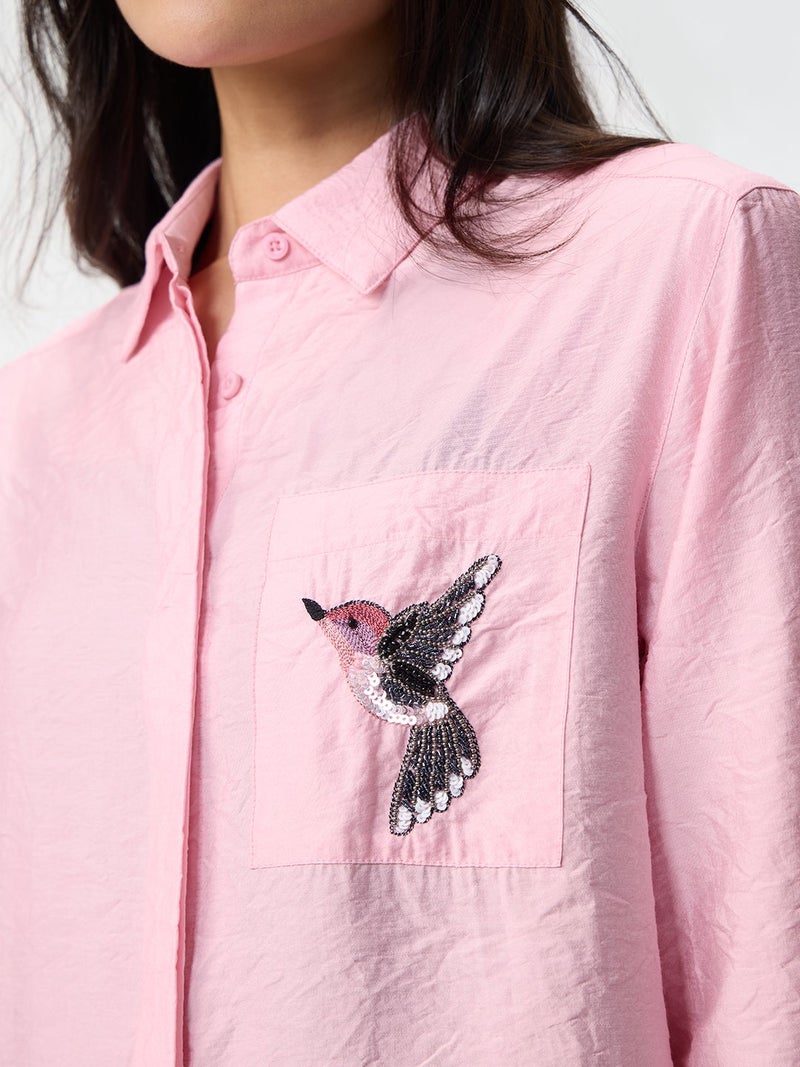 The Souled Store Natureverse: Textured Women and Girls Full Sleeves Spread Collar Light Pink Embroidered Viscose Nylon Oversized Fit Lightweight Winter-Ready Shirt - Image 4