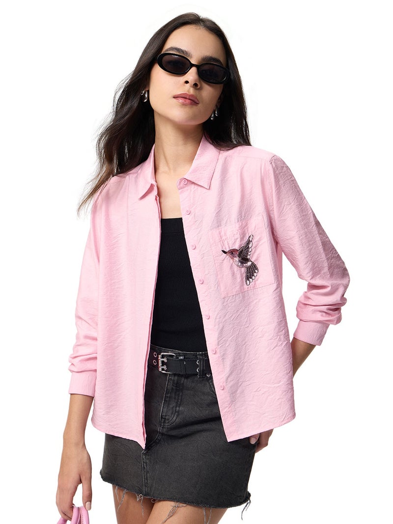 The Souled Store Natureverse: Textured Women and Girls Full Sleeves Spread Collar Light Pink Embroidered Viscose Nylon Oversized Fit Lightweight Winter-Ready Shirt - Image 1