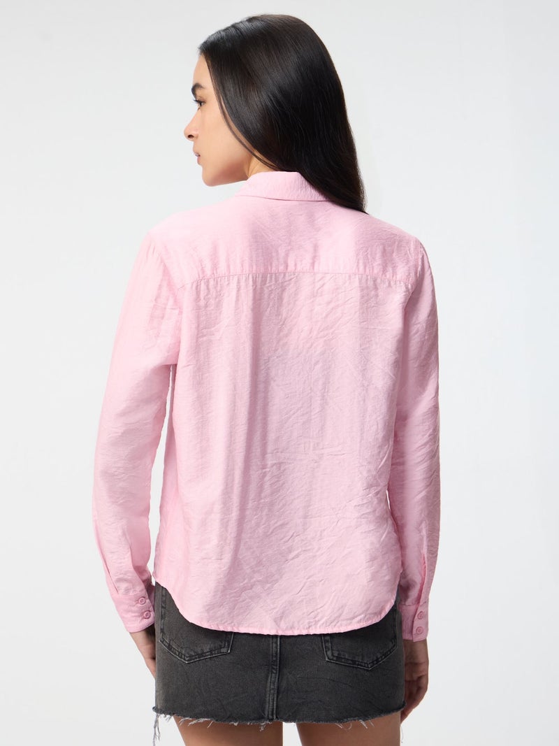 The Souled Store Natureverse: Textured Women and Girls Full Sleeves Spread Collar Light Pink Embroidered Viscose Nylon Oversized Fit Lightweight Winter-Ready Shirt - Image 3