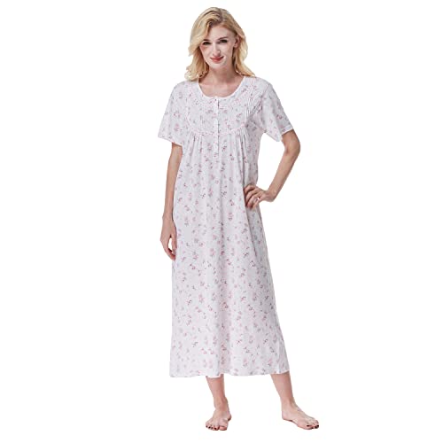 Keyocean Women Nightgowns, Sof 100% Cotton Comfy Lightweight Lace Trim Floral Short Sleeve Sleepwear for Ladies, Pink Floral, Small - Image 1