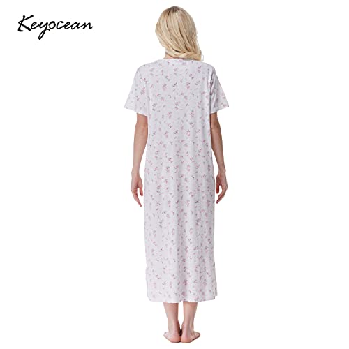 Keyocean Women Nightgowns, Sof 100% Cotton Comfy Lightweight Lace Trim Floral Short Sleeve Sleepwear for Ladies, Pink Floral, Small - Image 2