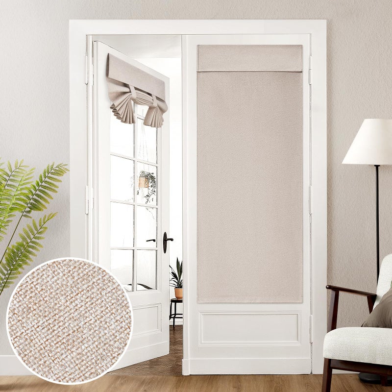 HOMEIDEAS 100% Linen Blackout French Door Curtains, Modern Farmhouse Privacy Door Window Curtains, 26 X 68 Inch Room Darkening Blinds, Shades for Bedroom Decor, 1 Panel, Natural - Image 1