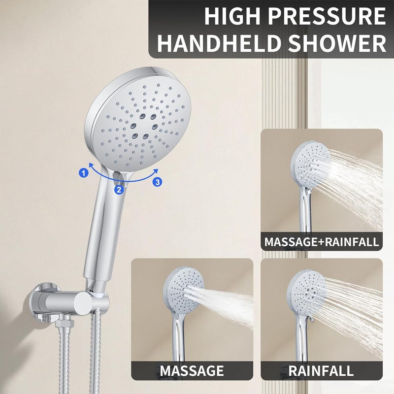 KOJOX Shower Set - Polished Chrome High Pressure Shower Head System- 3 Setting Headheld Shower Head Fixtures- Valve Included - Image 4