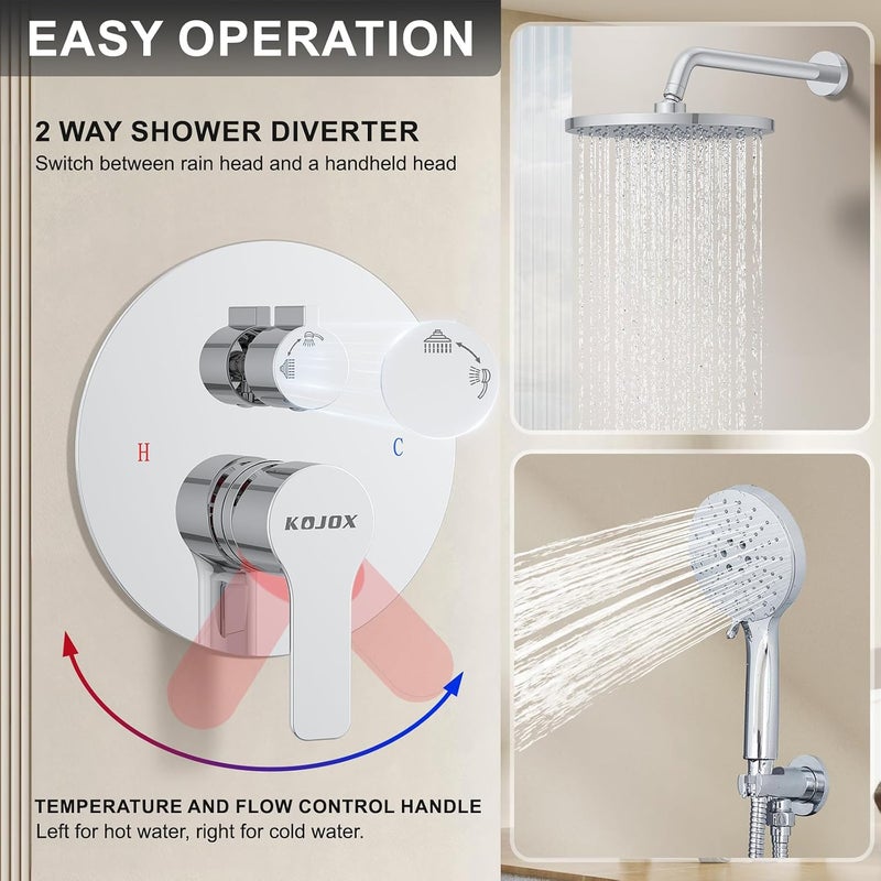 KOJOX Shower Set - Polished Chrome High Pressure Shower Head System- 3 Setting Headheld Shower Head Fixtures- Valve Included - Image 5