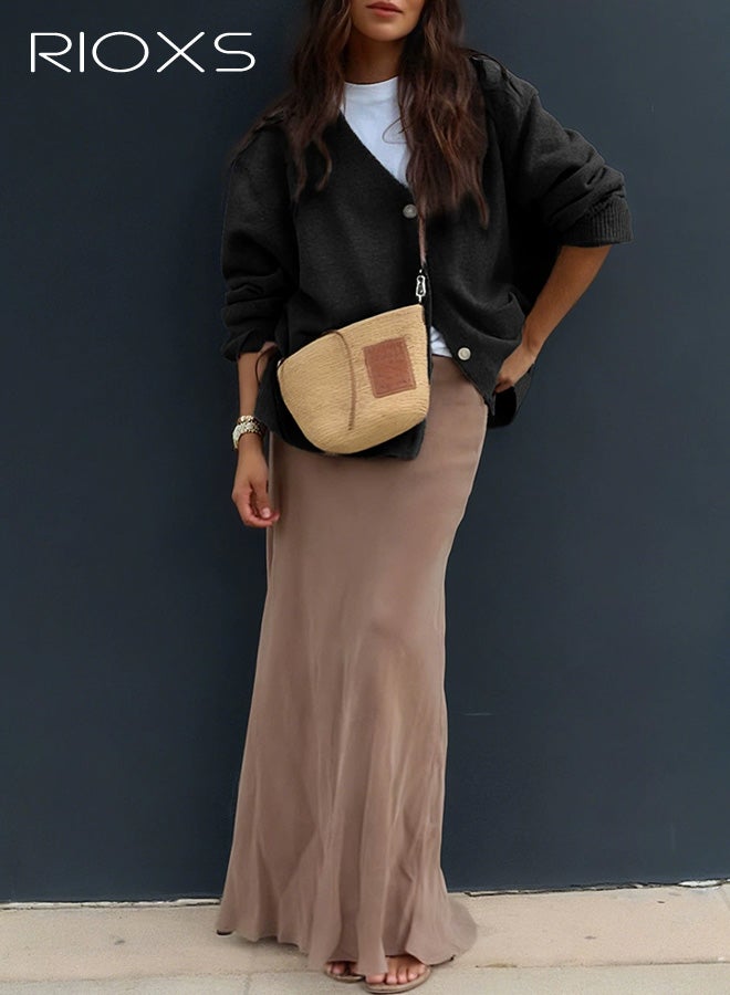 RIOXS Womens Cardigan Sweaters, Casual Fall Long Sleeve Open Front Cable Knit Jackets with Pocket, Loose Fit V-neck Button Down Sweater Coat Lightweight Outerwear for Travel Dating Daily Wearing, Black - Image 1