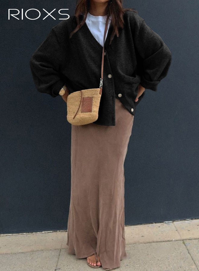 RIOXS Womens Cardigan Sweaters, Casual Fall Long Sleeve Open Front Cable Knit Jackets with Pocket, Loose Fit V-neck Button Down Sweater Coat Lightweight Outerwear for Travel Dating Daily Wearing, Black - Image 2