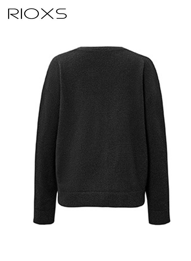 RIOXS Womens Cardigan Sweaters, Casual Fall Long Sleeve Open Front Cable Knit Jackets with Pocket, Loose Fit V-neck Button Down Sweater Coat Lightweight Outerwear for Travel Dating Daily Wearing, Black - Image 5