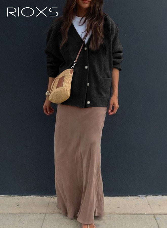 RIOXS Womens Cardigan Sweaters, Casual Fall Long Sleeve Open Front Cable Knit Jackets with Pocket, Loose Fit V-neck Button Down Sweater Coat Lightweight Outerwear for Travel Dating Daily Wearing, Black - Image 3