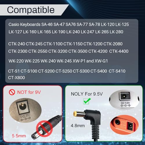 FouceClaus 9.5V AC/DC Adapter for Casio ADE95100LU - UL Listed Power Supply Charger for Casio Piano Keyboard - Only Compatible for Listed Models (8.4 Ft Long Cord) - Image 2