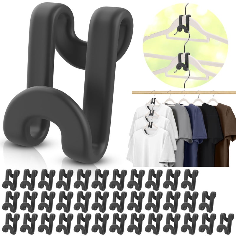 Besslly 100Pcs Space Saving Hanger Hooks, Plastic Clothes Hanger Connector Hooks, Heavy Duty Space Saver Hanger Extender Clips for Closet Organizers, Black - Image 1