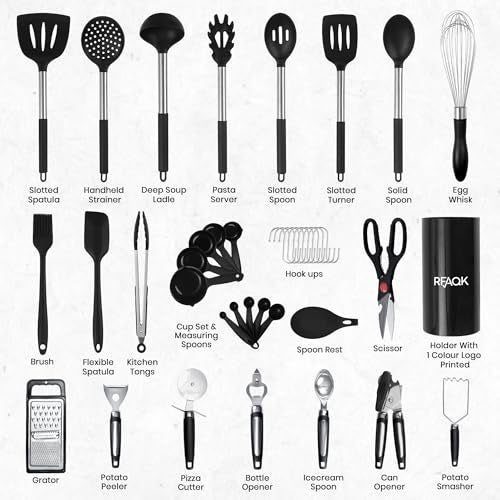 RFAQK 40PCs Silicone Cooking Utensils Set 446℉ Heat Resistance, RFAQK BPA Free Kitchen Utensils Set for Nonstick Cookware, Gadgets includes Can Opener, Potato Smasher,Peeler,Tongs,Spatula Set,Pizza Cutter - Image 2