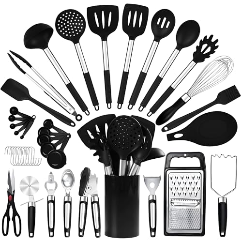 RFAQK 40PCs Silicone Cooking Utensils Set 446℉ Heat Resistance, RFAQK BPA Free Kitchen Utensils Set for Nonstick Cookware, Gadgets includes Can Opener, Potato Smasher,Peeler,Tongs,Spatula Set,Pizza Cutter - Image 1