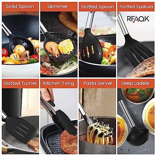 RFAQK 40PCs Silicone Cooking Utensils Set 446℉ Heat Resistance, RFAQK BPA Free Kitchen Utensils Set for Nonstick Cookware, Gadgets includes Can Opener, Potato Smasher,Peeler,Tongs,Spatula Set,Pizza Cutter - Image 4