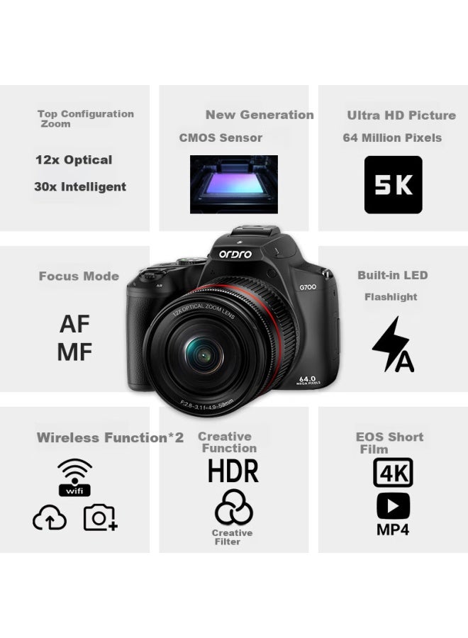 Ordro [premium Optical Zoom] Digital Camera, 64 Million High-definition, 12x Optical Zoom, Entry-level Ccd, Student Campus Vlog, Mirrorless Lens, Extendable 4k Video Camera - Image 1