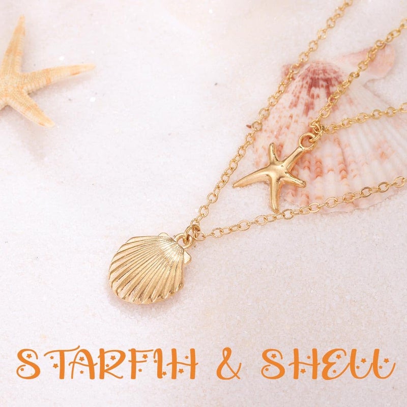 Yalice Starfish Layered Necklace Chain Boho Shell Pendant Necklaces Beach Surfer Costume Jewelry for Women (Gold) - Image 4