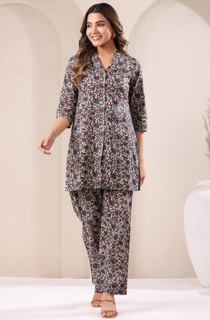 Janasya Women's Beige Pure Cotton Floral Printed Straight Co-ord Set (JAC24CD01435-S) - Image 5
