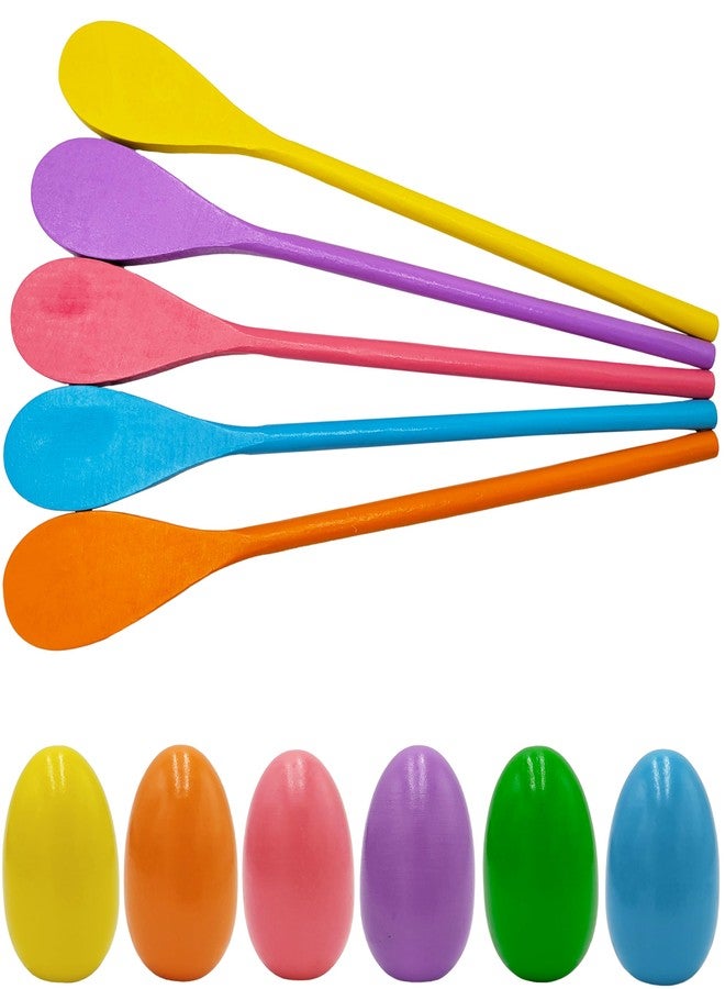 Chochkees 6 Wooden Easter Eggs and 6 Wooden Spoon Race Game Set, 6 Sets, Multi-Player Carnival Game for Kids & Family Activity Holiday Outdoor Yard Easter Egg Hunt Birthday Party Lawn Games - Image 1