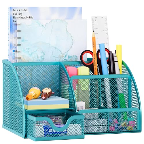 EasyPAG Mesh Desk Organizer with Drawer Multi-Functional Pen Holder Stationery Organizer for Office School Supplies 6 Compartments Dorm Organizers and Storage for Desk, Blue - Image 1