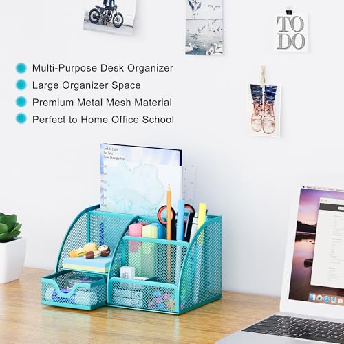 EasyPAG Mesh Desk Organizer with Drawer Multi-Functional Pen Holder Stationery Organizer for Office School Supplies 6 Compartments Dorm Organizers and Storage for Desk, Blue - Image 2