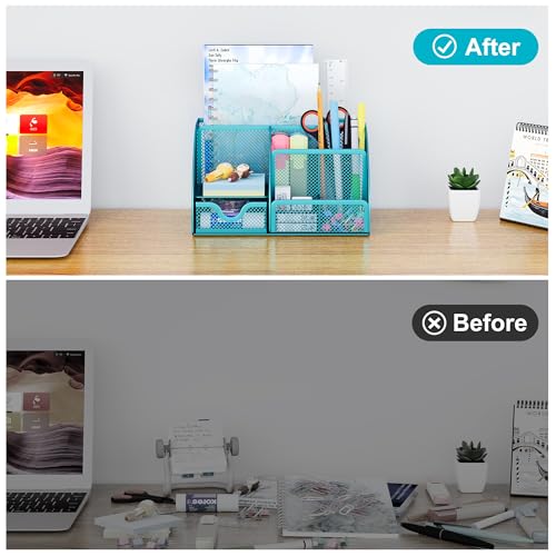 EasyPAG Mesh Desk Organizer with Drawer Multi-Functional Pen Holder Stationery Organizer for Office School Supplies 6 Compartments Dorm Organizers and Storage for Desk, Blue - Image 4