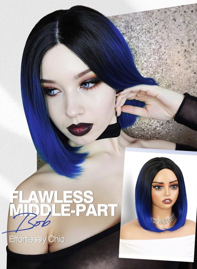quickwig (Ombre black to sapphire blue) - Quick Wig Short Bob Wig Ombre Wig Black to Blue Side Part Cosplay Party Wig 36cm Bowl Cut Wig Heat Resistant Fibre Synthetic Wigs for Women Sapphire Blue - Image 4