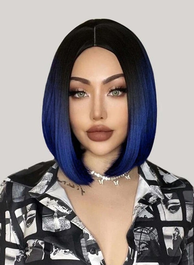 quickwig (Ombre black to sapphire blue) - Quick Wig Short Bob Wig Ombre Wig Black to Blue Side Part Cosplay Party Wig 36cm Bowl Cut Wig Heat Resistant Fibre Synthetic Wigs for Women Sapphire Blue - Image 3