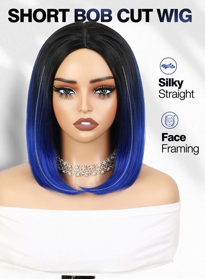 quickwig (Ombre black to sapphire blue) - Quick Wig Short Bob Wig Ombre Wig Black to Blue Side Part Cosplay Party Wig 36cm Bowl Cut Wig Heat Resistant Fibre Synthetic Wigs for Women Sapphire Blue - Image 2