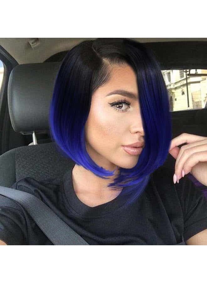 quickwig (Ombre black to sapphire blue) - Quick Wig Short Bob Wig Ombre Wig Black to Blue Side Part Cosplay Party Wig 36cm Bowl Cut Wig Heat Resistant Fibre Synthetic Wigs for Women Sapphire Blue - Image 1