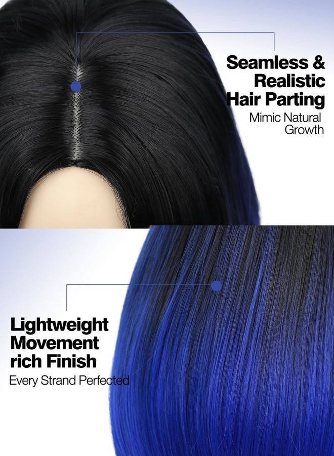 quickwig (Ombre black to sapphire blue) - Quick Wig Short Bob Wig Ombre Wig Black to Blue Side Part Cosplay Party Wig 36cm Bowl Cut Wig Heat Resistant Fibre Synthetic Wigs for Women Sapphire Blue - Image 5