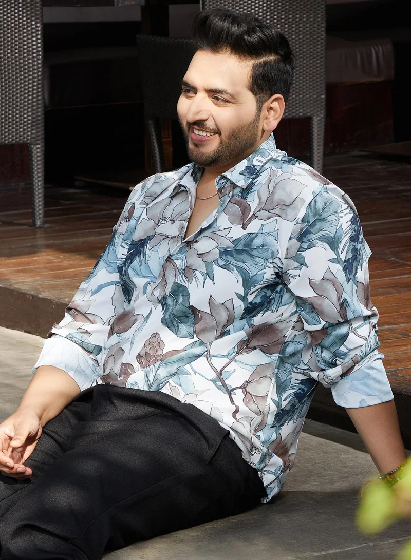 Instafab Plus Instafab Plus Men's Icy Blue & Daisy White Stained-Foliage Shirt For Casual Wear | Spread Collar | Long Regular Sleeves | Button Closure | Plus Size Shirt Crafted With Comfort Fit For Everyday Wear