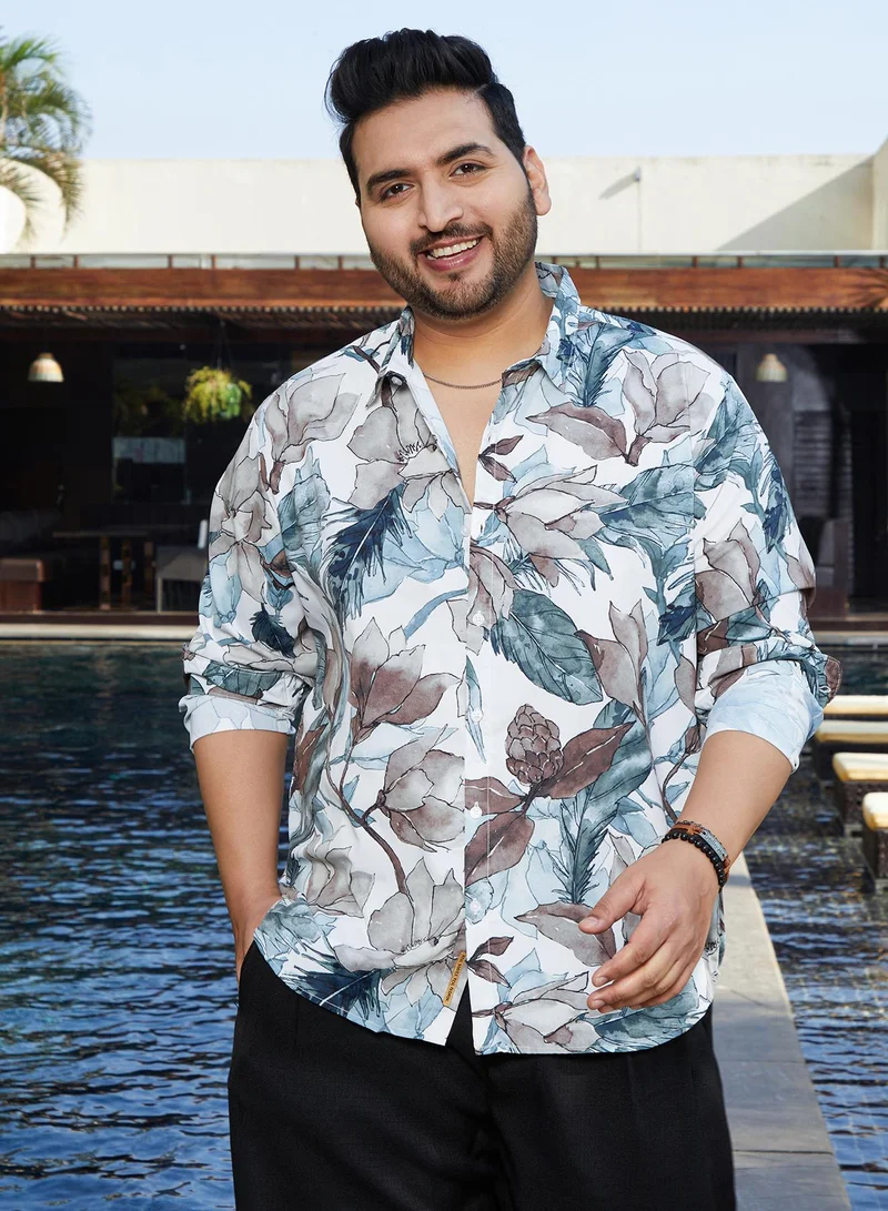 Instafab Plus Instafab Plus Men's Icy Blue & Daisy White Stained-Foliage Shirt For Casual Wear | Spread Collar | Long Regular Sleeves | Button Closure | Plus Size Shirt Crafted With Comfort Fit For Everyday Wear