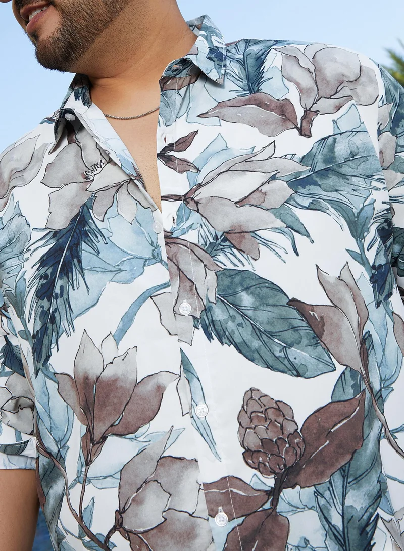 Instafab Plus  Instafab Plus Men's Icy Blue & Daisy White Stained-Foliage Shirt For Casual Wear | Spread Collar | Long Regular Sleeves | Button Closure | Plus Size Shirt Crafted With Comfort Fit For Everyday Wear for Men | Best Price UAE