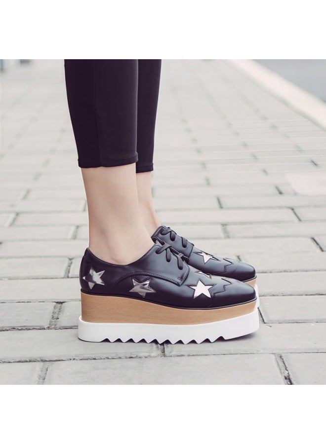 Baby's New Square-toe Star Shoes With Straps, Thick-soled Wedge Platform Shoes, Korean Style Patent Leather Deep-mouth Casual Shoes