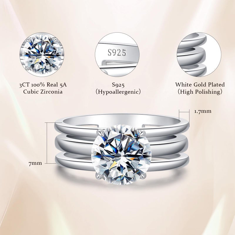 AVECON 3 Carat Round CZ Wedding Ring for Her, 925 Sterling Silver White Gold Plated Bridal Ring - Size 7 - Image 4