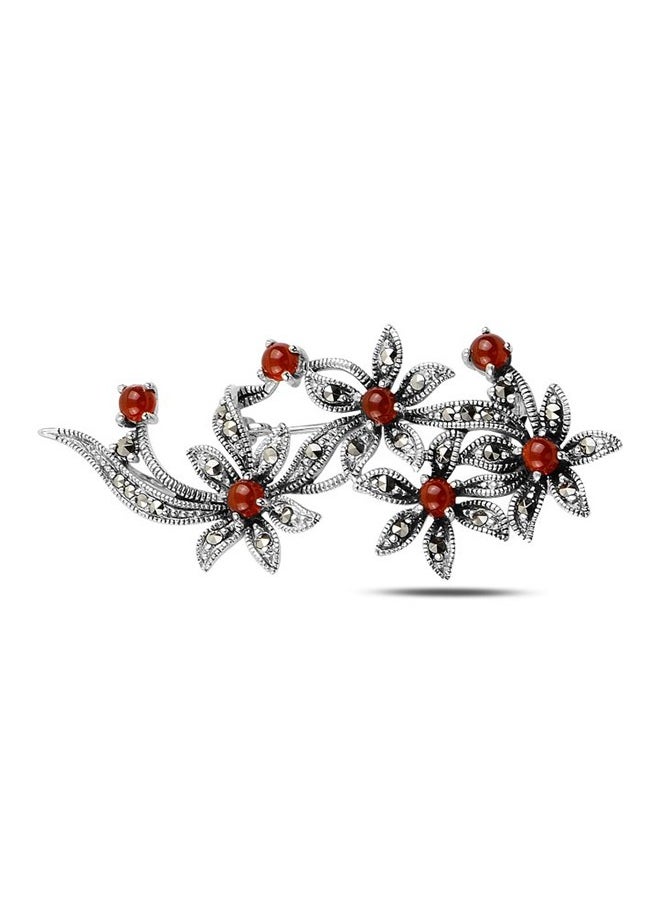 EMNON - 925 Silver-Natural Red Agate & Marcasite Brooch & Pendant-High-Quality Jewelry in UAE Dubai 100% Precious Metal Gift for Women-EMNON116BRO-P92736 - Image 1