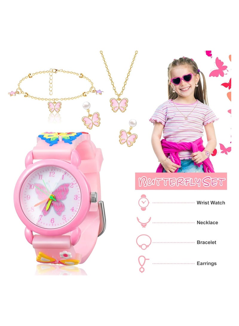 SYOSI Girl's Watch and Jewelry Set Cute Girls Butterfly Watch with Butterfly Necklace Charm Bracelets 3D Cartoon Silicone Pink Wrist Watches Necklace Bracelet Earrings for Girls Birthday Gift - Image 3
