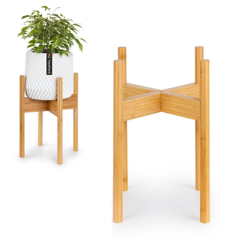 Fox Fern Bamboo Plant Stand 8 Inch Fixed Size Mid Century Plant Stand for Indoor Pots Not Included Raised Flower Pot Holder for Indoors Plug In Design Two Height Options Bamboo