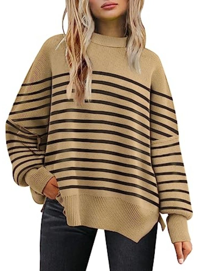 NIBEMINENT Women's Oversized Batwing Sweaters 2025 Fall Outfits Trendy Crewneck Knit Side Slit Fashion Pullover Tops - Image 1