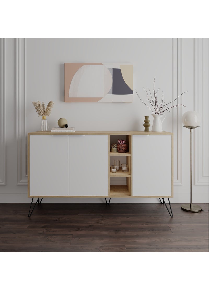 موراه خزانة جانبية عصرية بثلاثة أبواب وأرجل مرتفعة من موراه هوم كلارا كونسول - تخزين مفتوح - خزانة تخزين لغرفة المعيشة، الصالة، غرفة الطعام، المطبخ - 35.6×83×142 سم (بلوط/أبيض) - Image 1