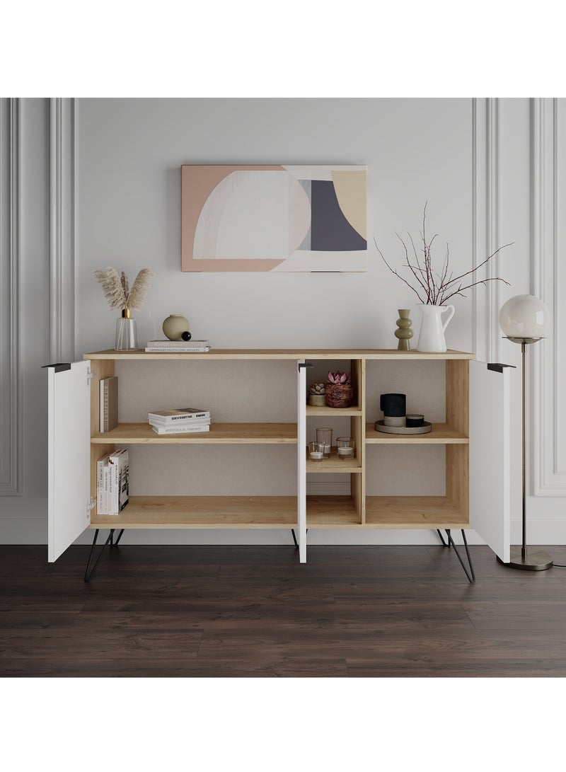 موراه خزانة جانبية عصرية بثلاثة أبواب وأرجل مرتفعة من موراه هوم كلارا كونسول - تخزين مفتوح - خزانة تخزين لغرفة المعيشة، الصالة، غرفة الطعام، المطبخ - 35.6×83×142 سم (بلوط/أبيض) - Image 3