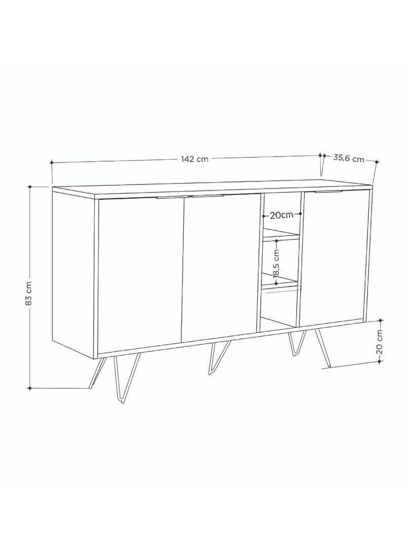 موراه خزانة جانبية عصرية بثلاثة أبواب وأرجل مرتفعة من موراه هوم كلارا كونسول - تخزين مفتوح - خزانة تخزين لغرفة المعيشة، الصالة، غرفة الطعام، المطبخ - 35.6×83×142 سم (بلوط/أبيض) - Image 4