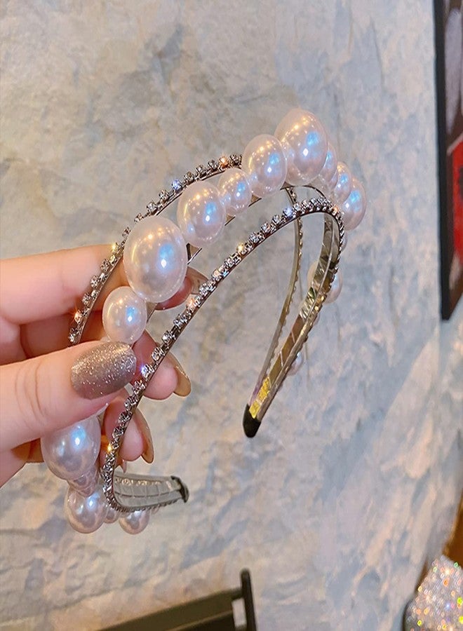 Xerling Pearl Headband Rhinestone Hairband for Women Girls Dainty Bridal Wedding Hair Accessories Crystal Headpiece for Daily Headwear - Image 3
