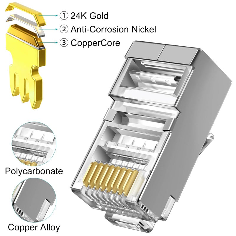 Brileine 50-Pack Cat 6 Shielded Pass Through RJ45 Connectors + 50Pack RJ45 Strain Relief Boots, 8P8C Modular Ethernet STP Network Cable Plug End for Cat6 Cat5e - Image 3
